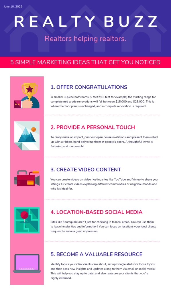 an advertisement for realty buzz shows 5 simple marketing ideas that get you noticed