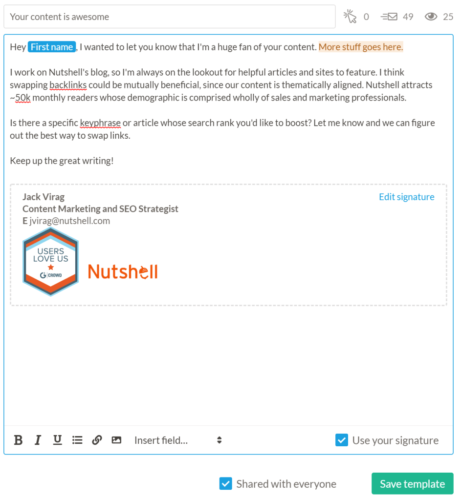 example of link swapping outreach email for learning how to write SEO content