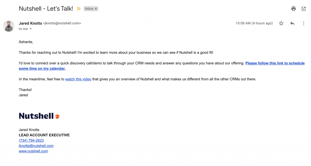 a screenshot of an email from Nutshell