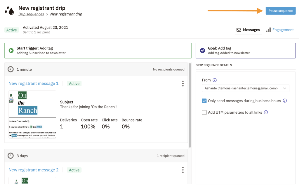 a screenshot of a new registrant drip page with an arrow pointing to the pause sequence button