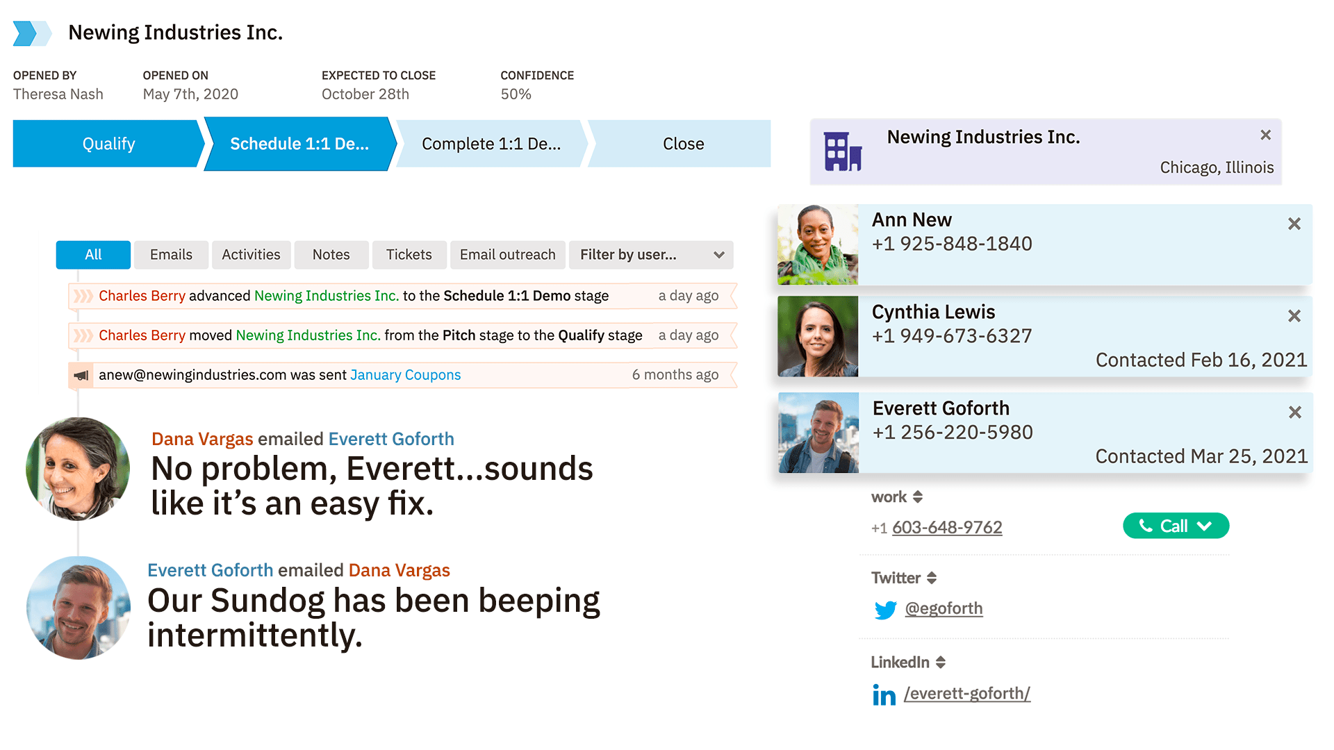 a screenshot of a lead called Newing Industries Inc. in Nutshell CRM