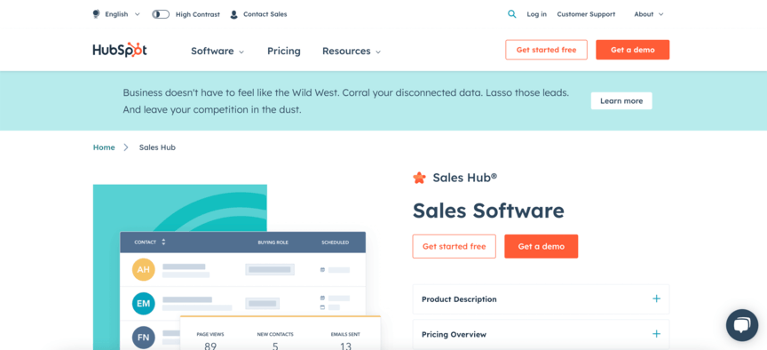 a screenshot of the HubSpot sales CRM software website