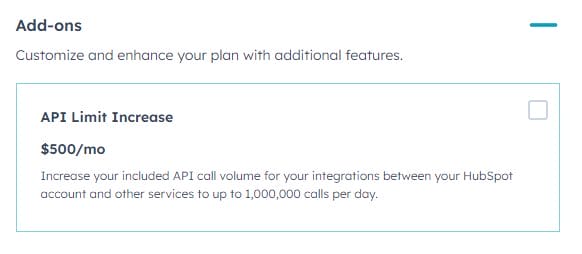 an add-on for api limit increase costs $500/mo
