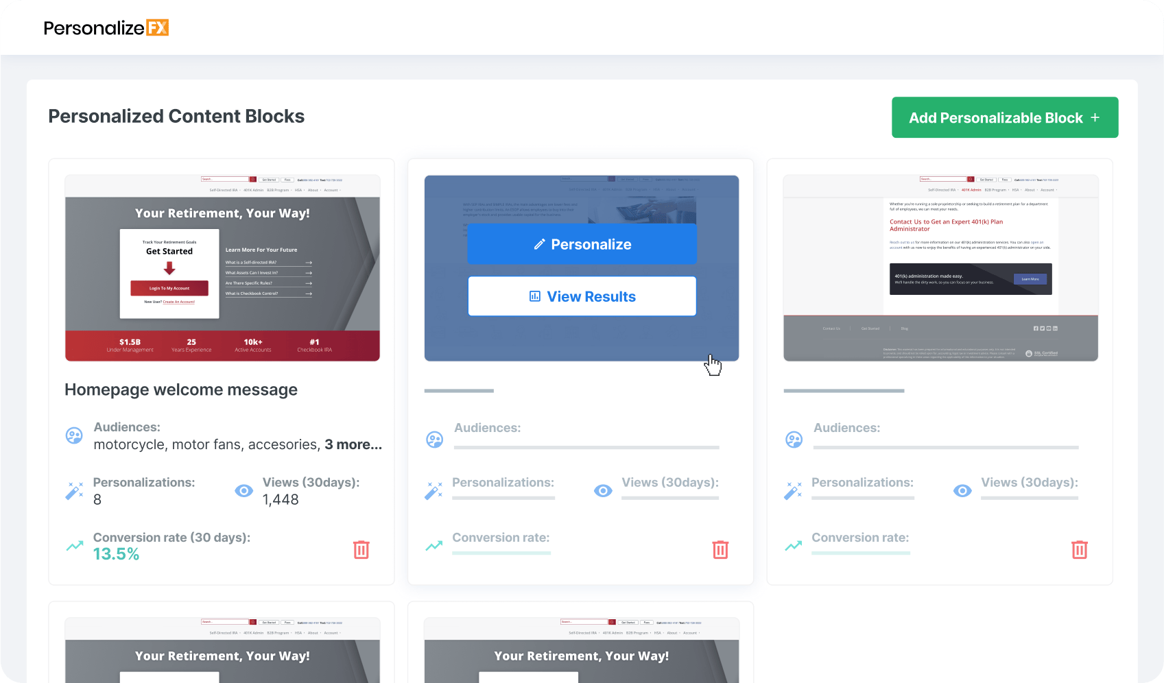 a screenshot of a personalized content blocks page